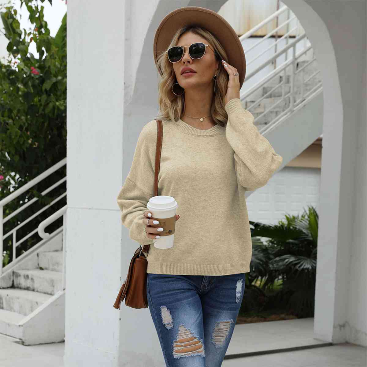 Round Neck Long Sleeve Drop Shoulder Sweater - Deals DejaVu