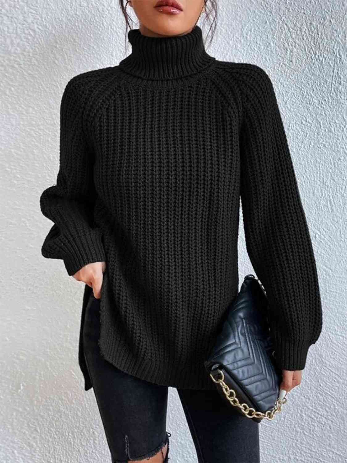 Full Size Turtleneck Rib-Knit Slit Sweater - Deals DejaVu