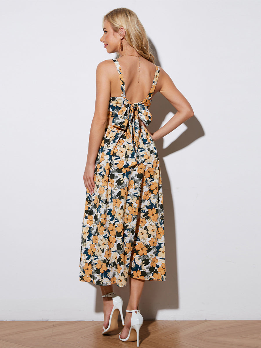 Floral Tie-Back Sleeveless Midi Dress (BWD)(WS06)T - Deals DejaVu