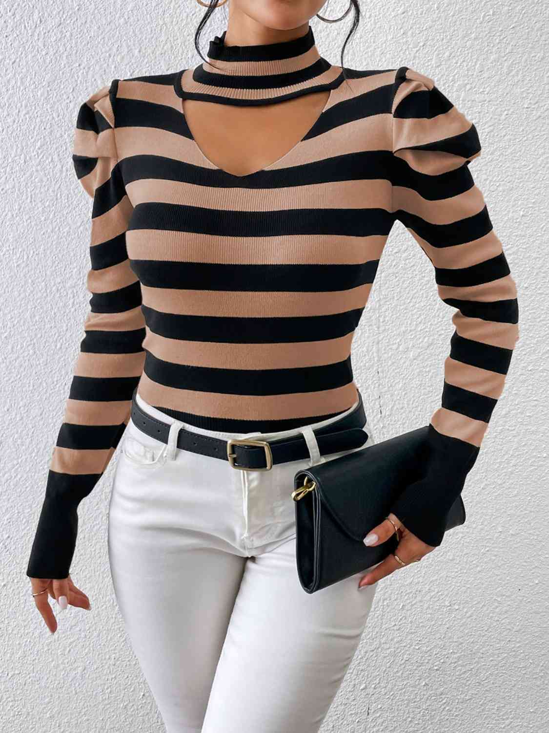 Striped Cutout Mock Neck Knit Top - Deals DejaVu