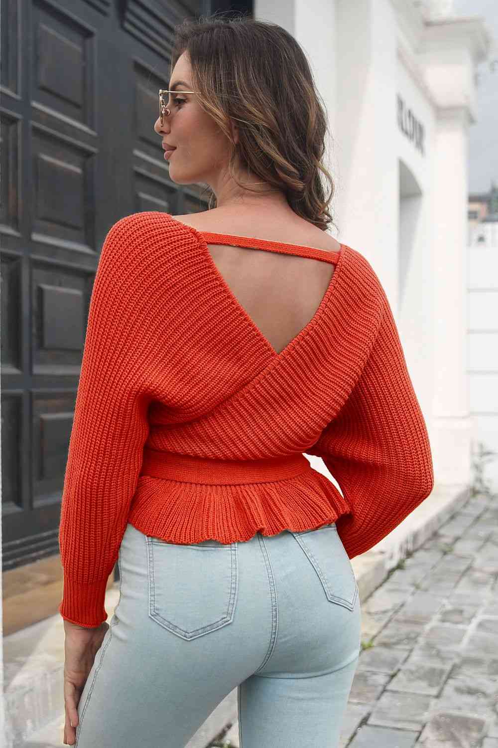 Tie Waist Ruffle Hem Sweater - Deals DejaVu