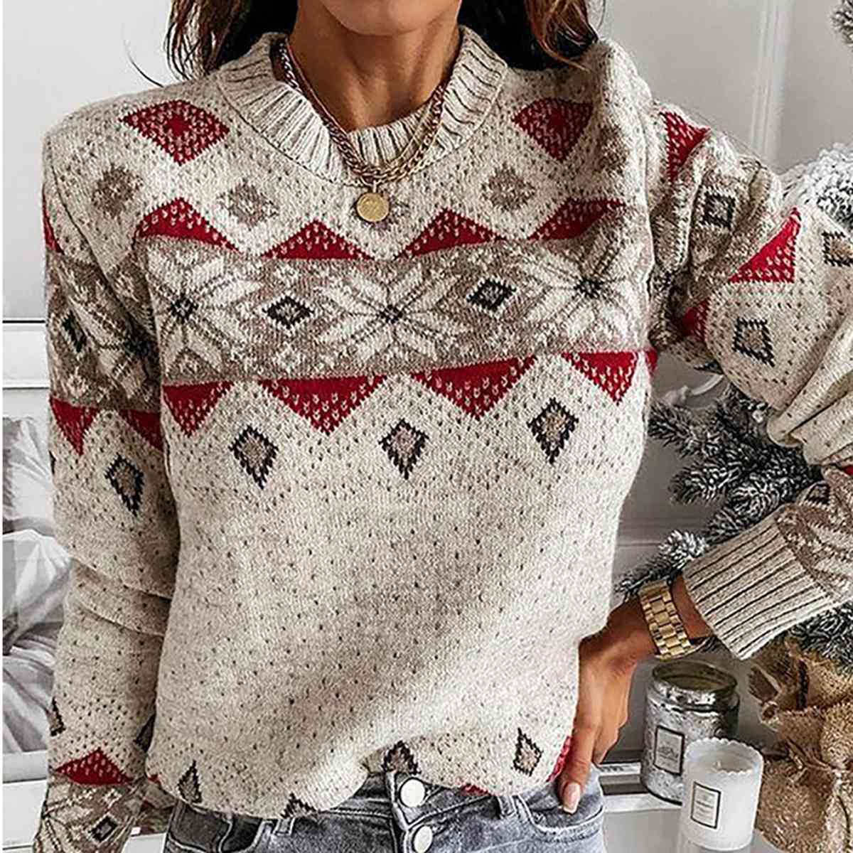 Snowflake Round Neck Sweater - Deals DejaVu