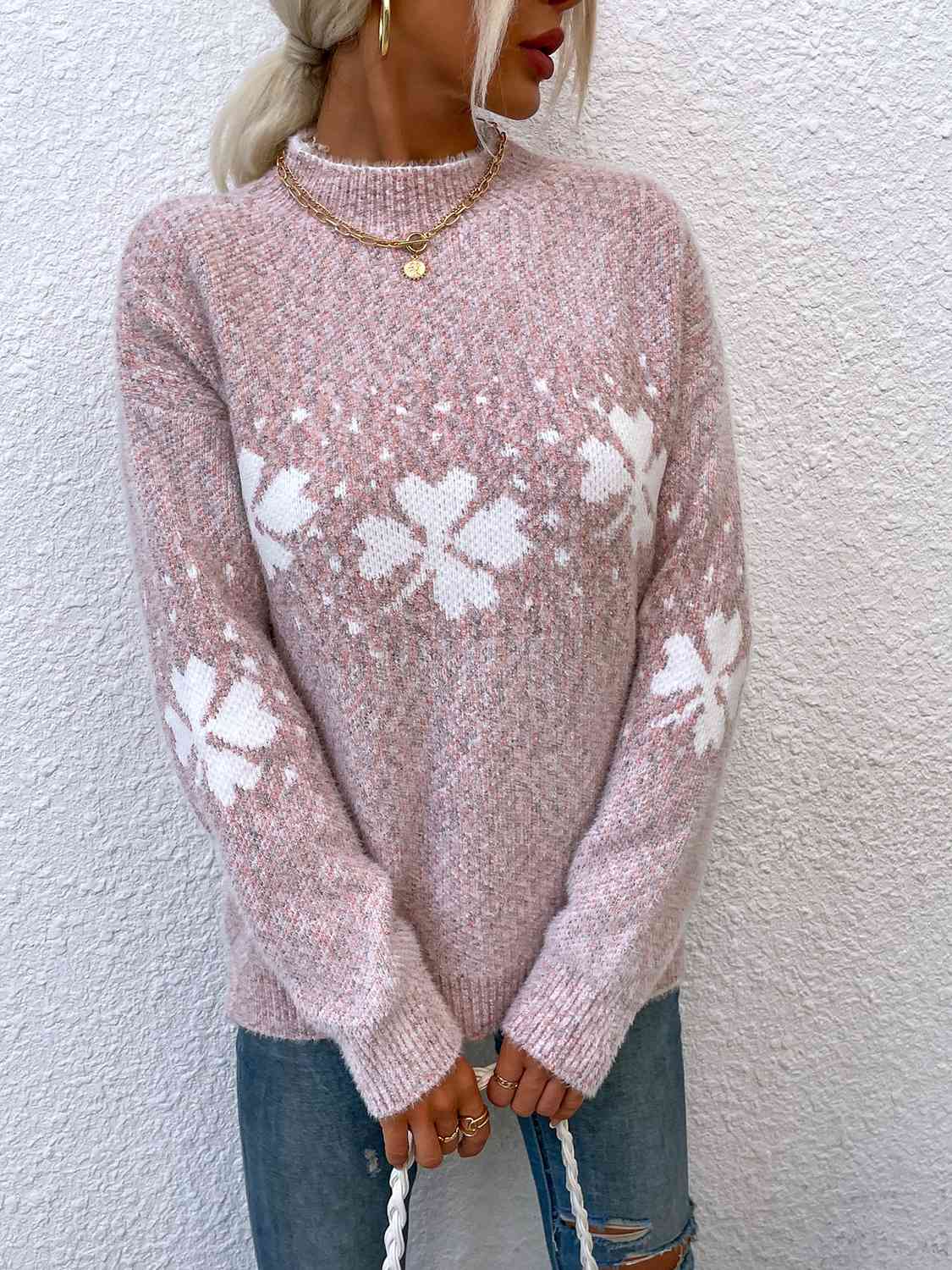 Four Leaf Clover Mock Neck Sweater - Deals DejaVu