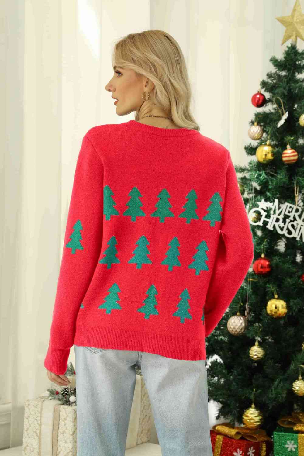 Christmas Tree Round Neck Ribbed Trim Sweater - Deals DejaVu