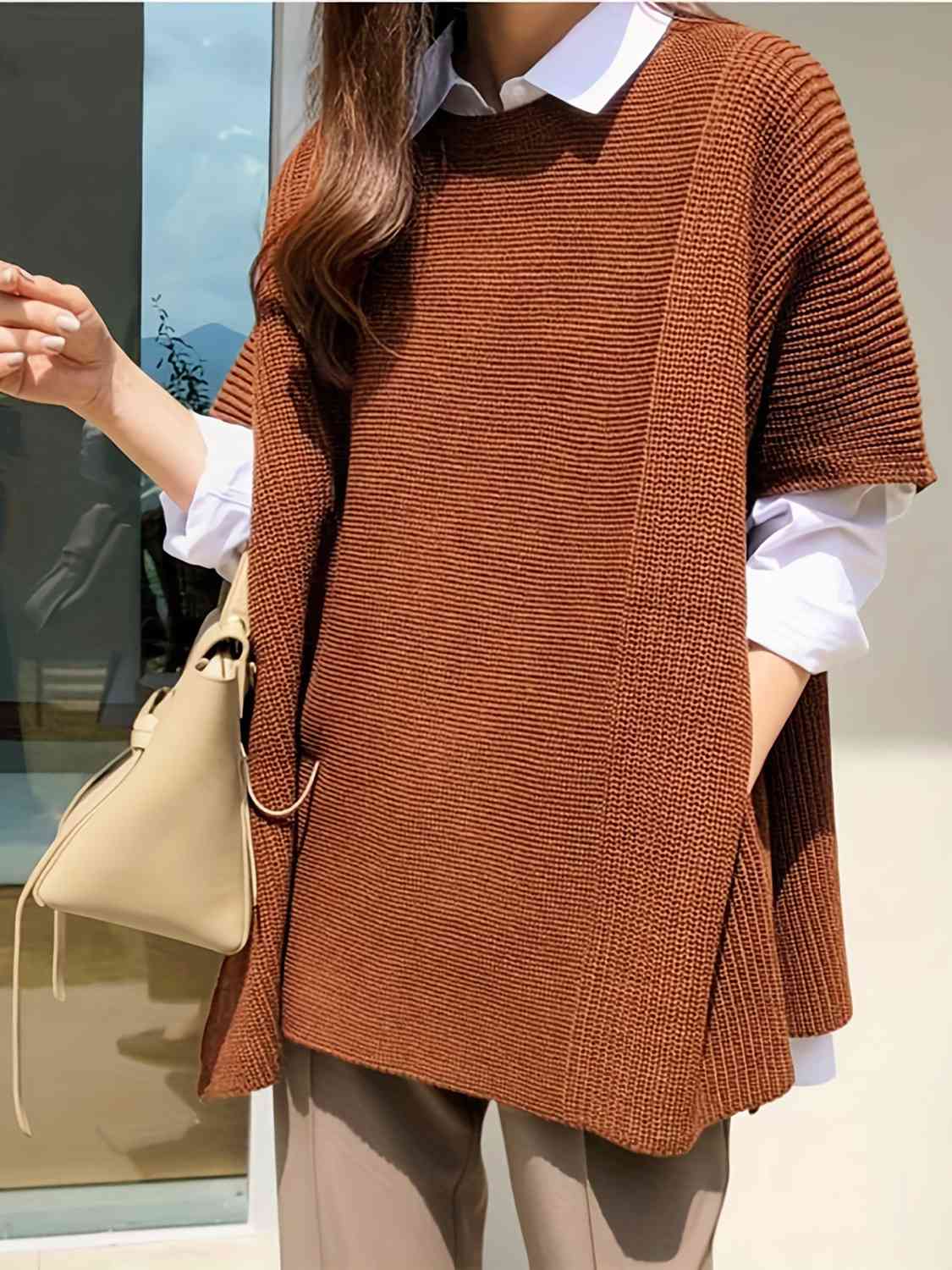 Plus Size Round Neck Slit Short Sleeve Sweater