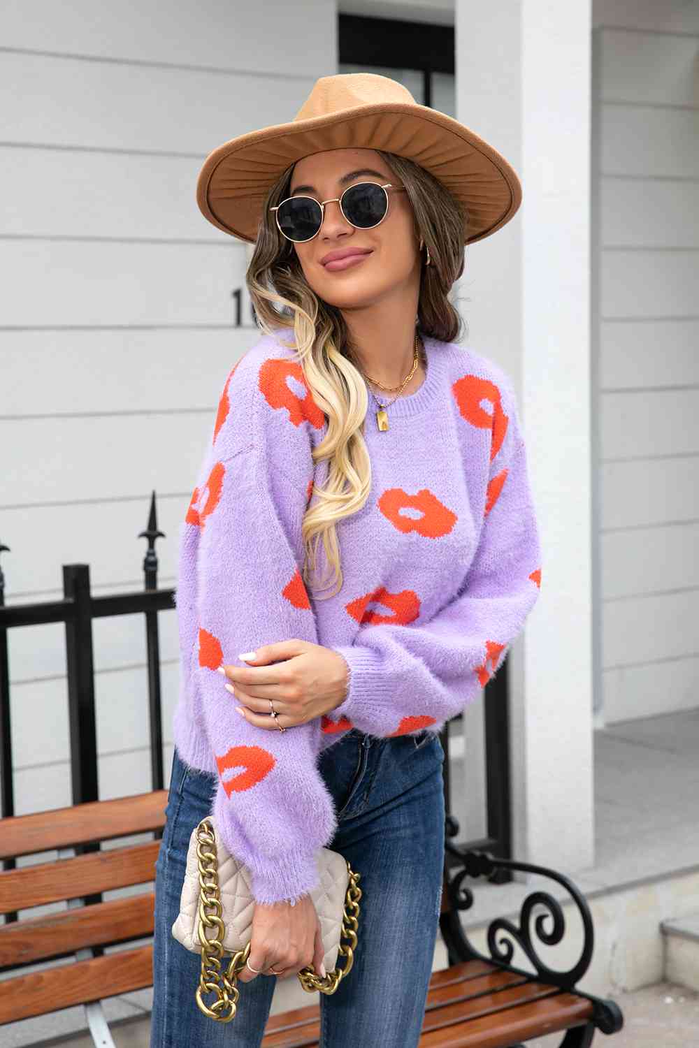 Printed Round Neck Long Sleeve Fuzzy Sweater - Deals DejaVu