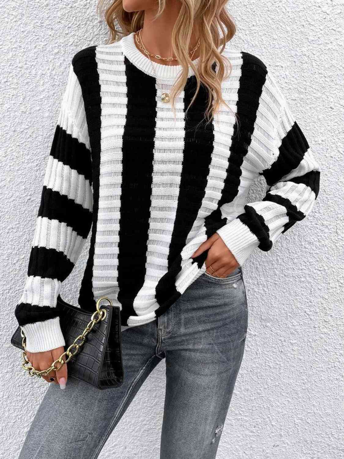 Striped Round Neck Long Sleeve Knit Top - Deals DejaVu