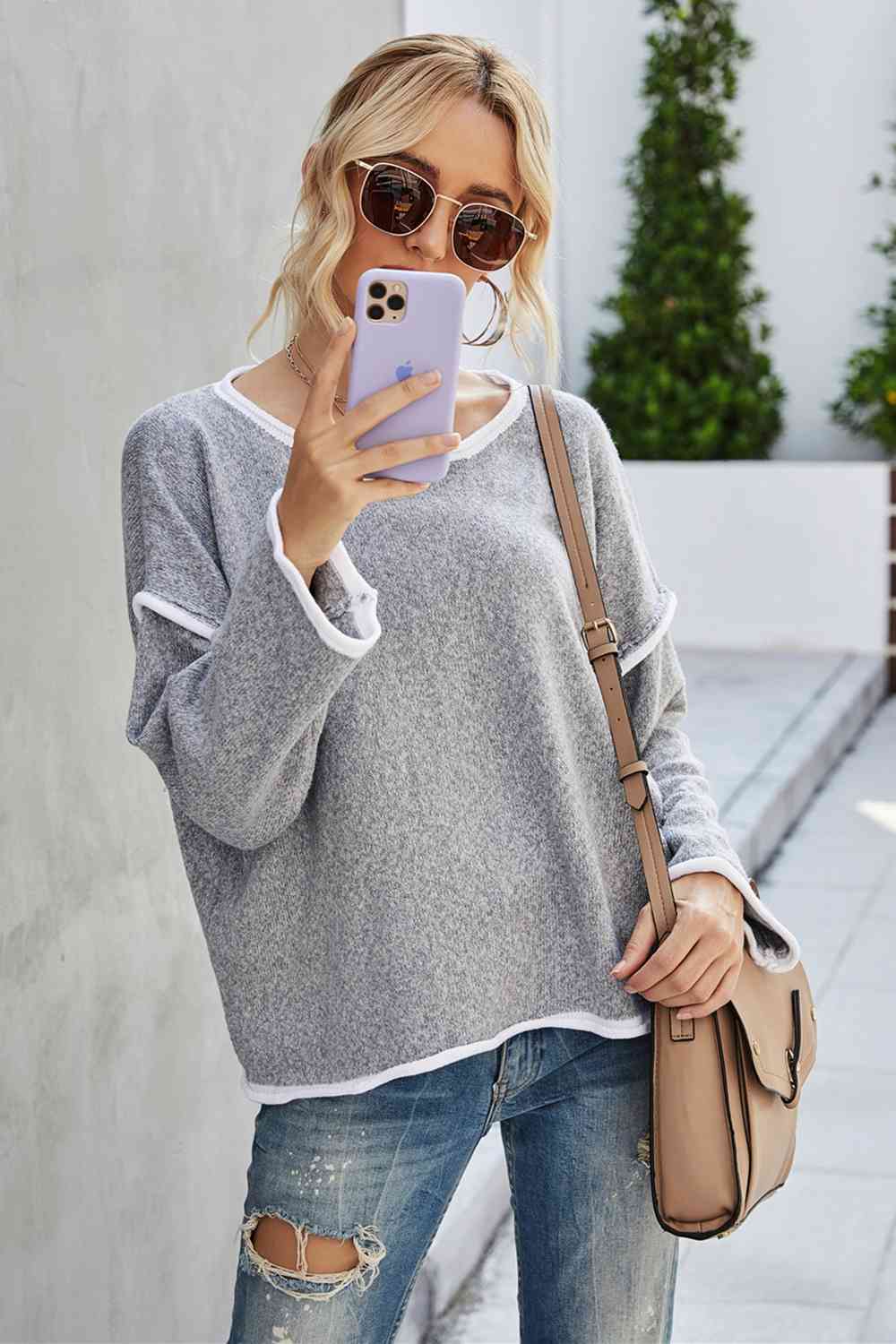 Round Neck Dropped Shoulder Sweater - Deals DejaVu