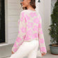 Round Neck Flower Pattern Dropped Shoulder Pullover Sweater - Deals DejaVu