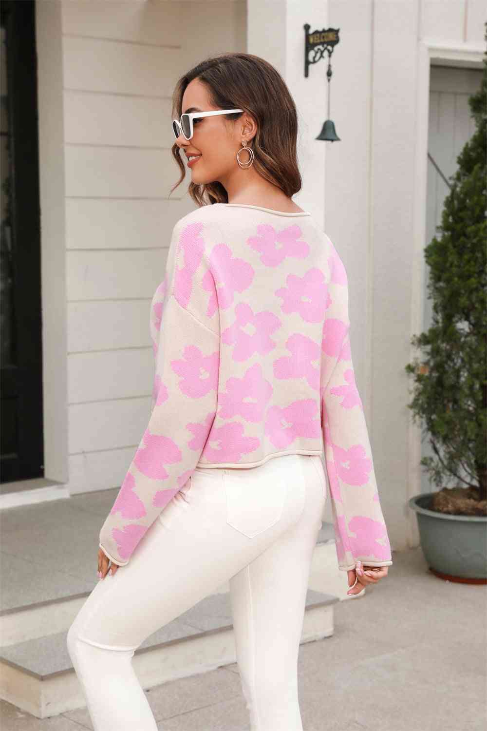 Round Neck Flower Pattern Dropped Shoulder Pullover Sweater - Deals DejaVu