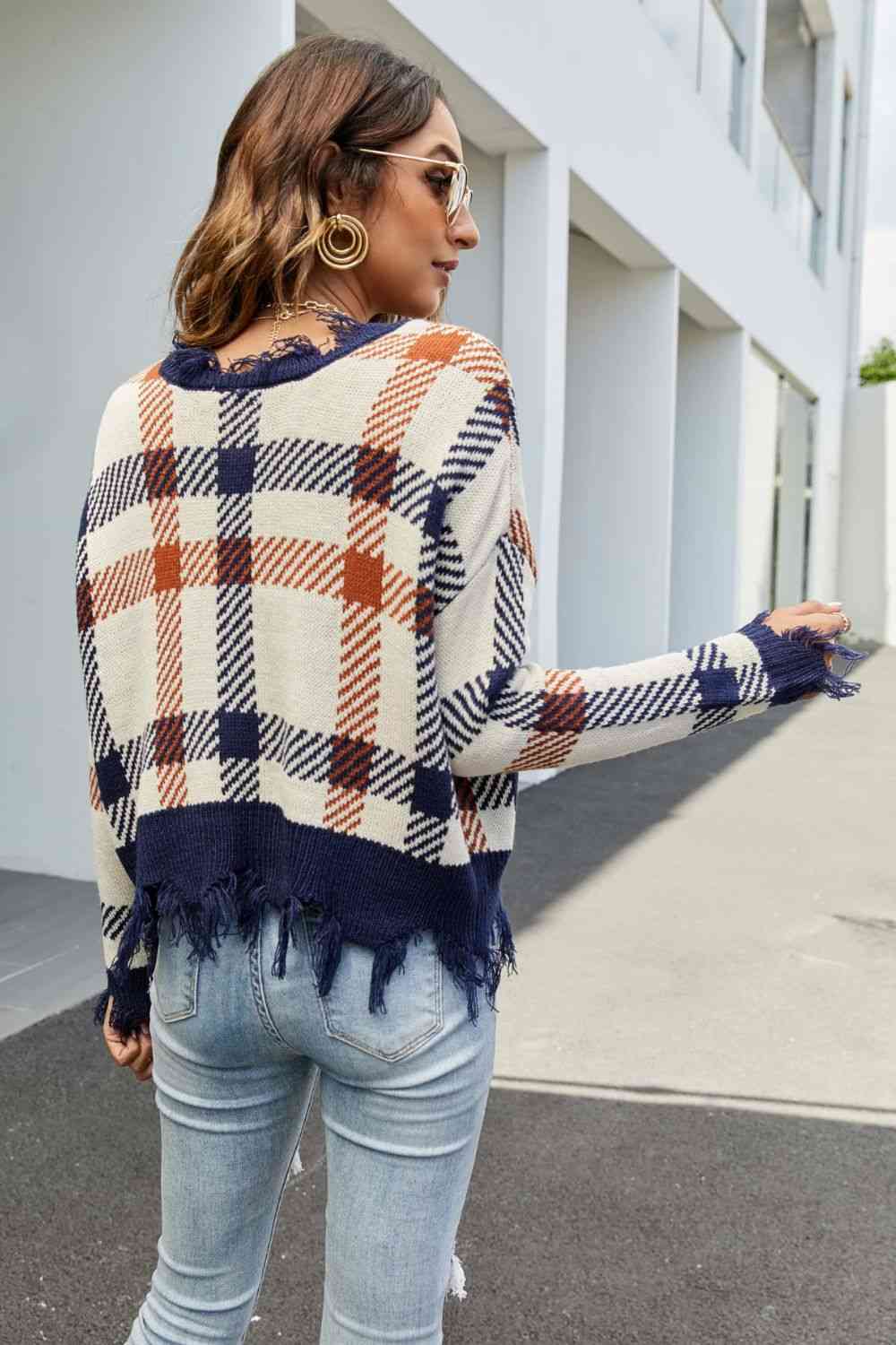 Plaid Distressed Drop Shoulder Sweater - Deals DejaVu