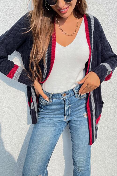 Open Front Striped Long Sleeve Cardigan - Deals DejaVu