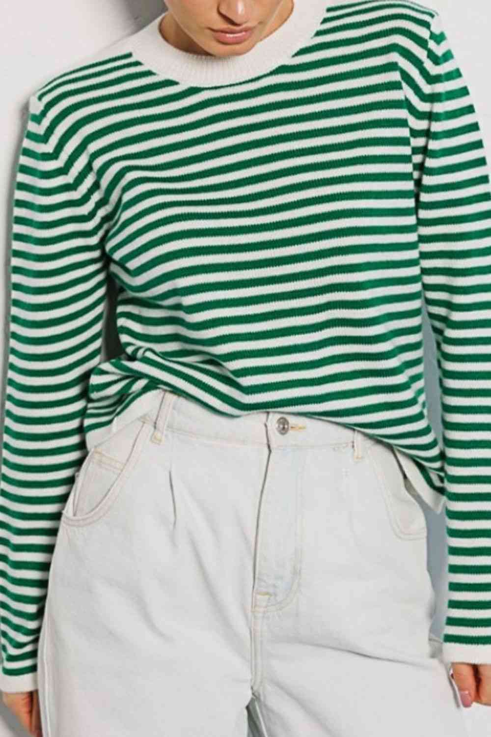 Striped Round Neck Long Sleeve Sweater - Deals DejaVu