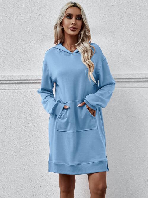 Slit Long Sleeve Hooded Dress with Pocket (MWBT) T - Deals DejaVu