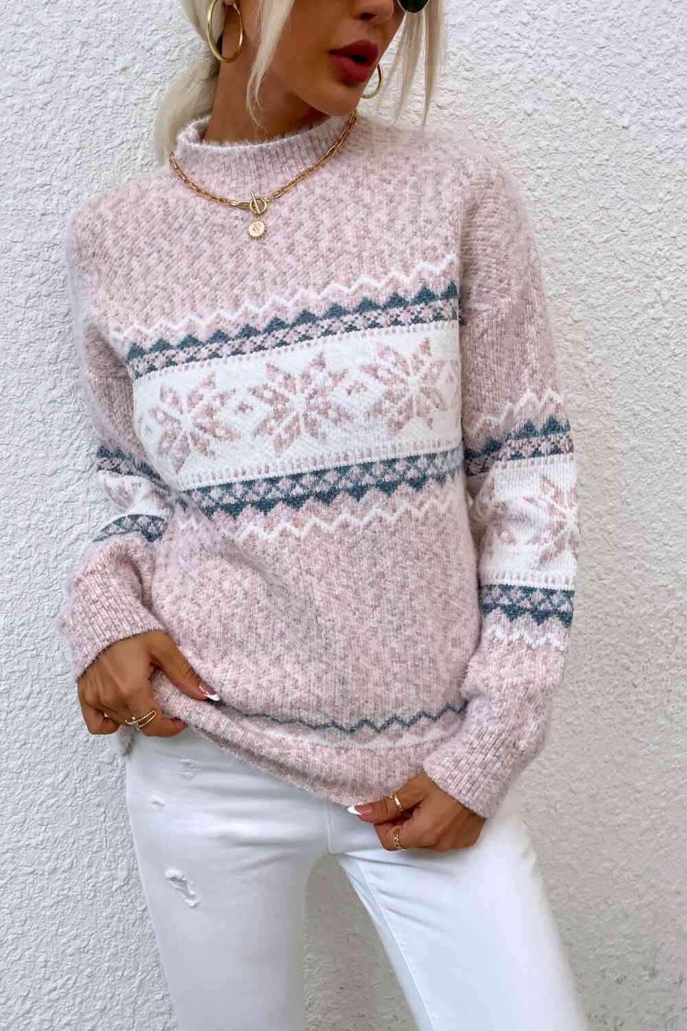 Snowflake Pattern Mock Neck Sweater - Deals DejaVu