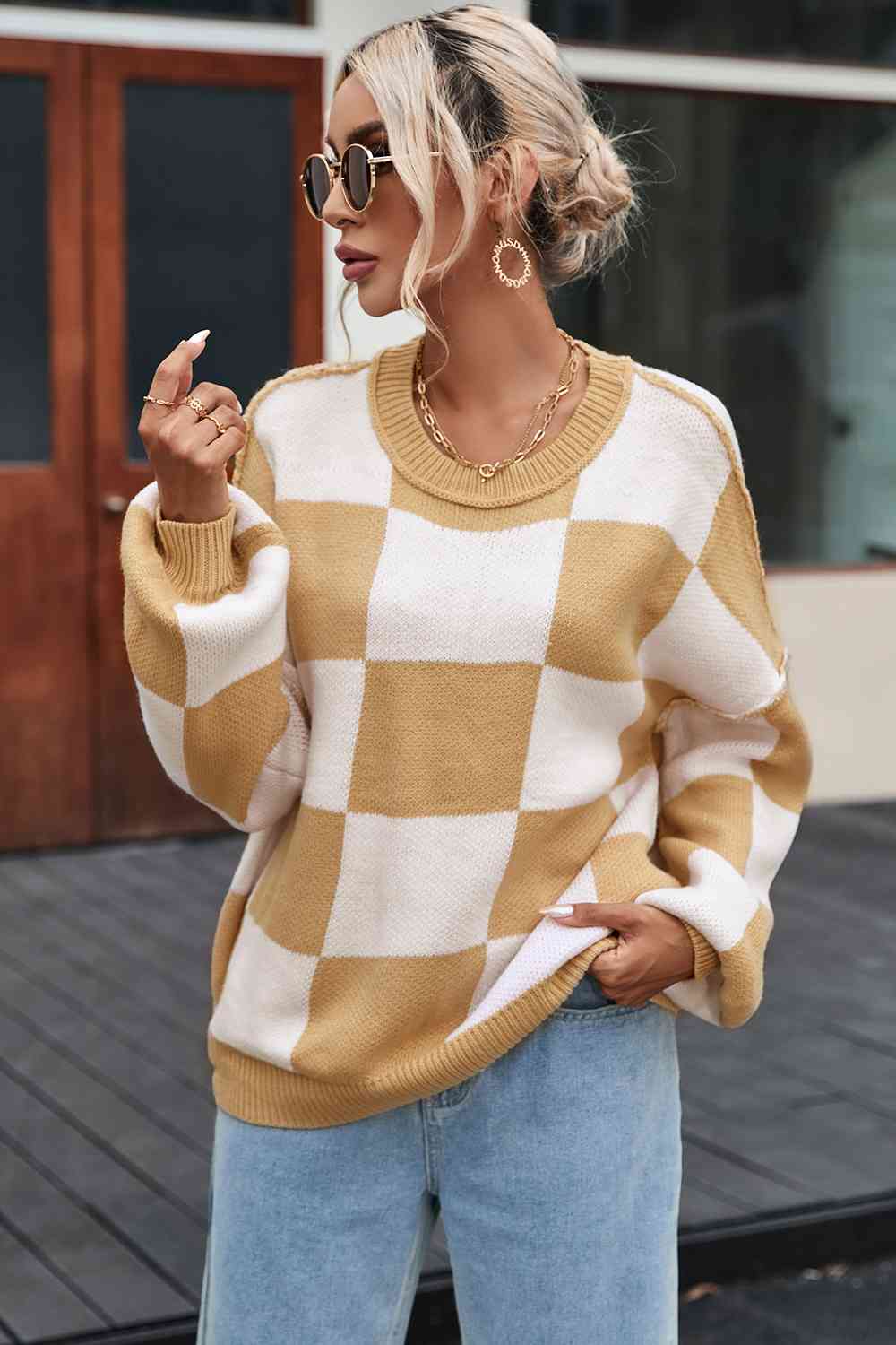 Checkered Exposed Seam Drooped Shoulder Sweater - Deals DejaVu