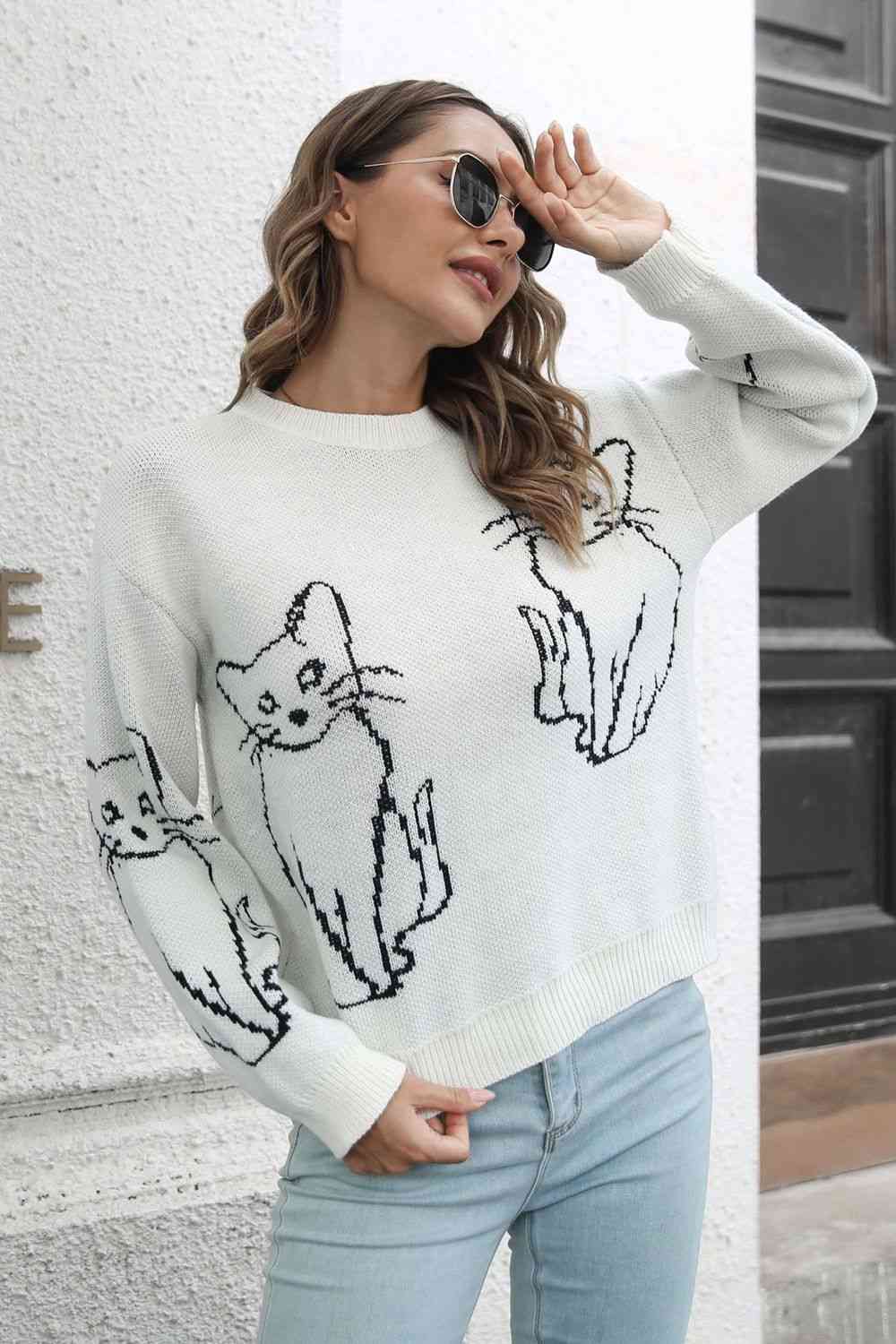 Cat Pattern Round Neck Long Sleeve Pullover Sweater - Deals DejaVu