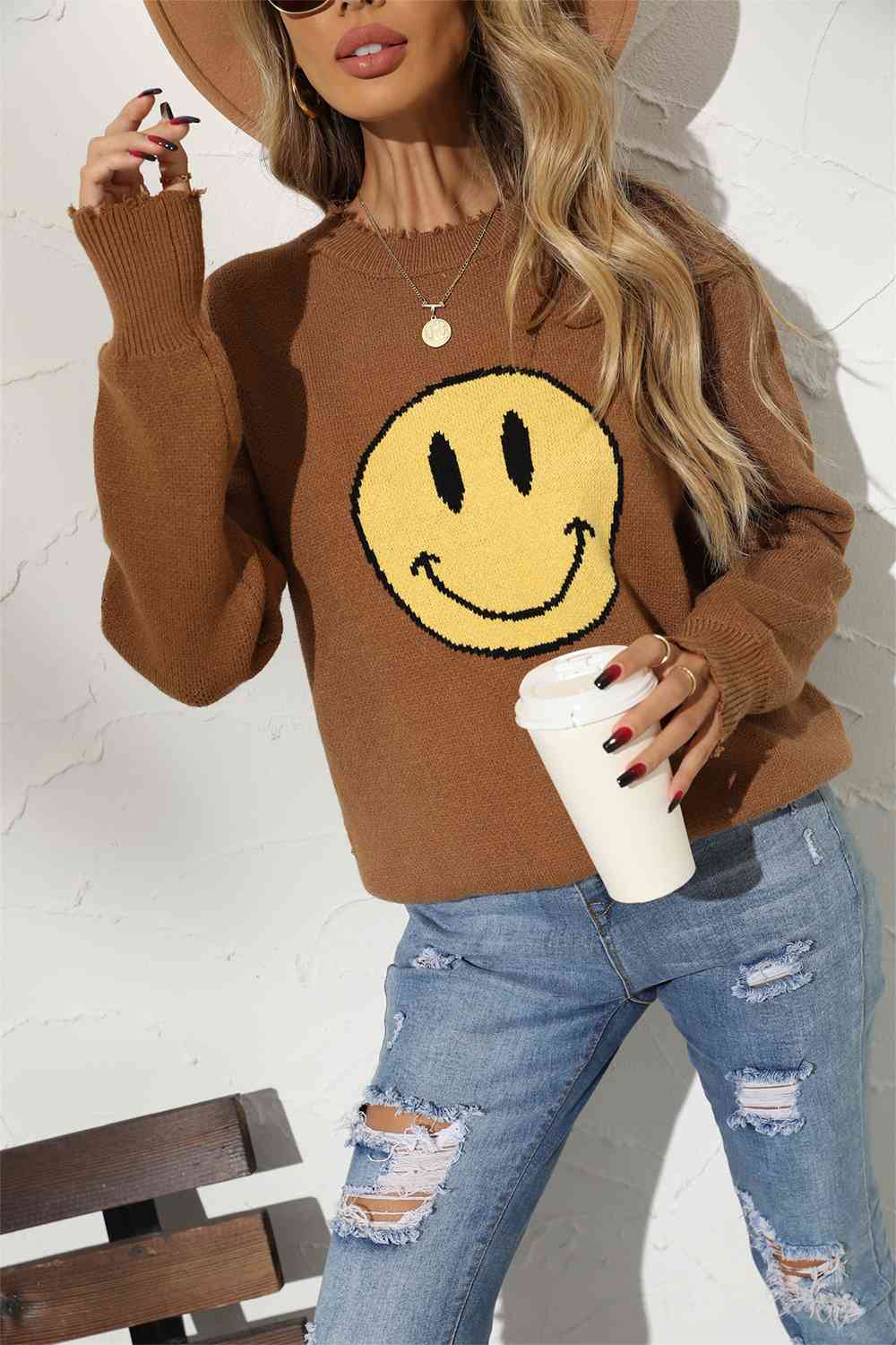 Round Neck Long Sleeve Smily Face Graphic Sweater (BFD) T - Deals DejaVu