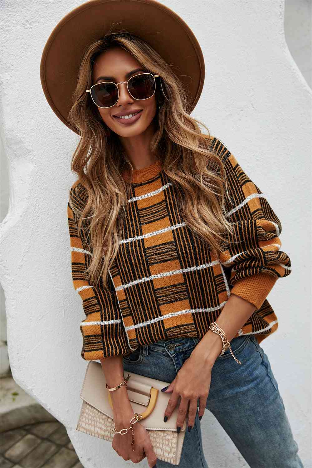 Printed Round Neck Dropped Shoulder Sweater - Deals DejaVu