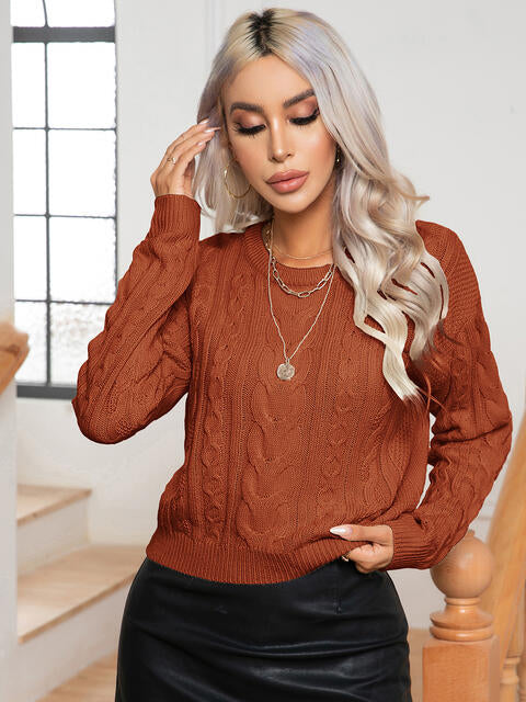 Cable-Knit Round Neck Long Sleeve Sweater - Deals DejaVu