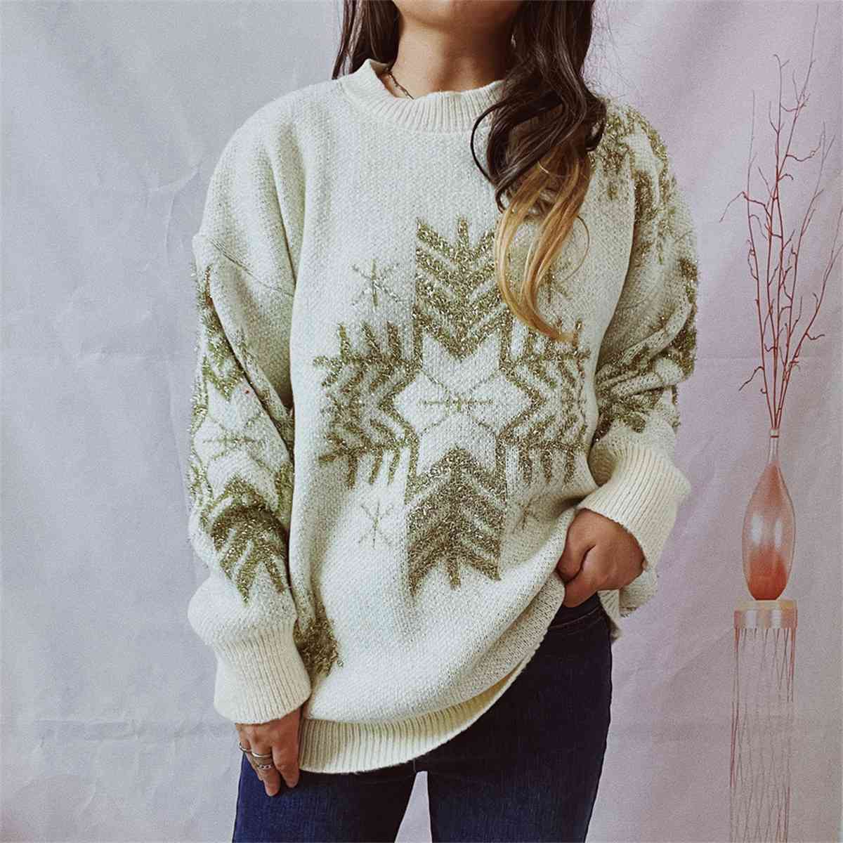 Snowflake Pattern Long Sleeve Sweater - Deals DejaVu