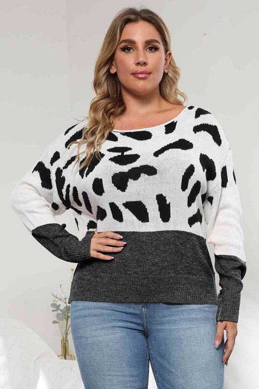 Plus Size Leopard Round Neck Long Sleeve Sweater - Deals DejaVu