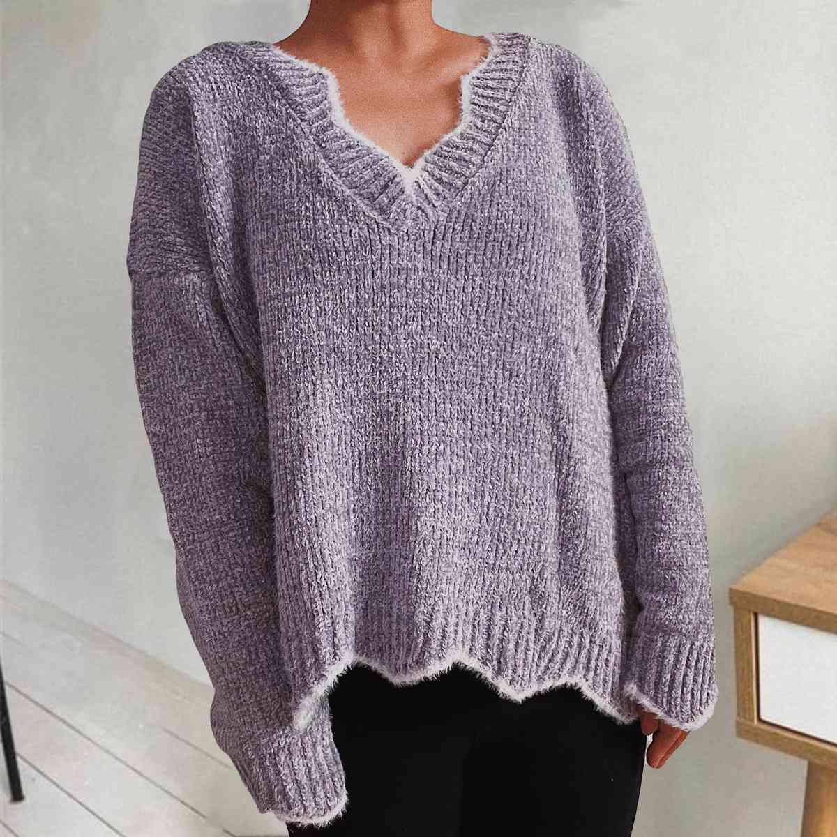 V-Neck Drop Shoulder Long Sleeve Sweater - Deals DejaVu