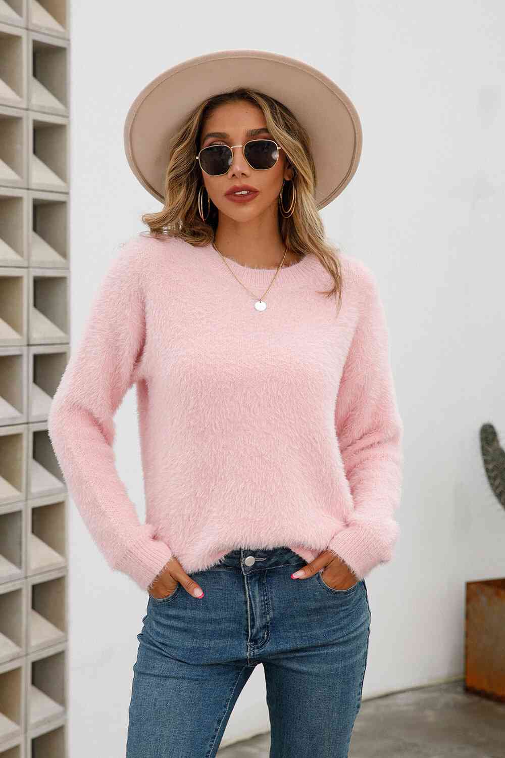 Dropped Shoulder Round Neck Fuzzy Sweater - Deals DejaVu