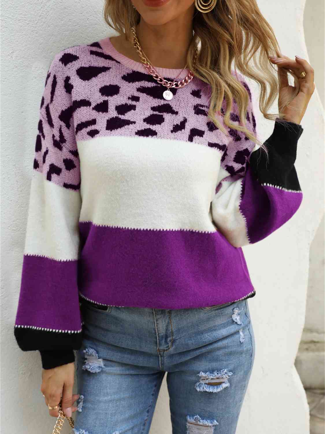 Color Block Round Neck Sweater - Deals DejaVu