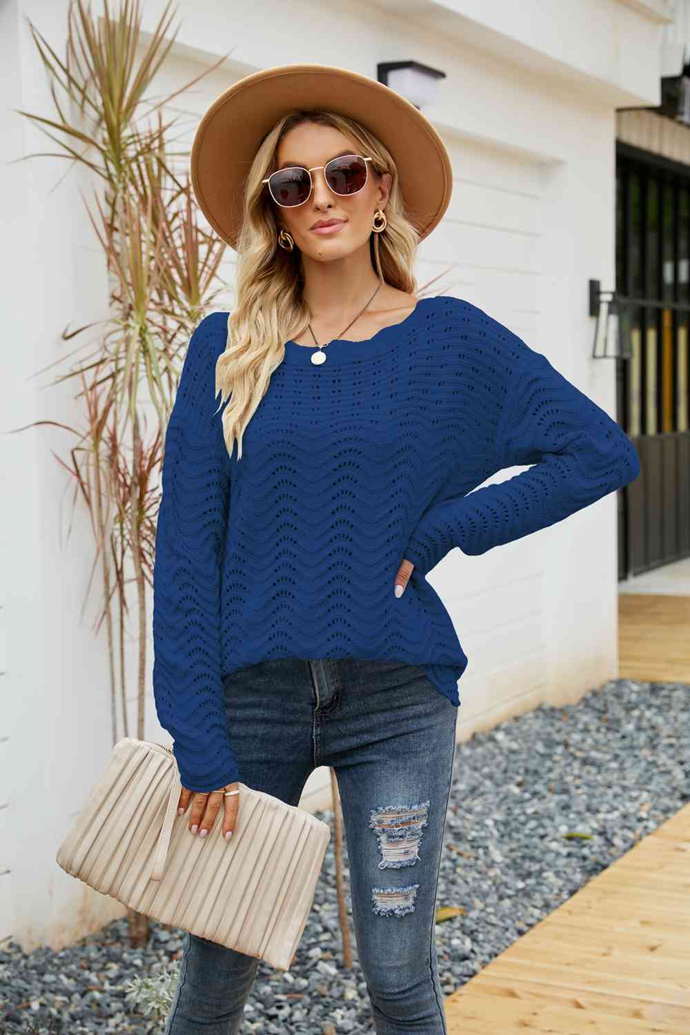 Woven Right Scalloped Boat Neck Openwork Tunic Sweater - Deals DejaVu