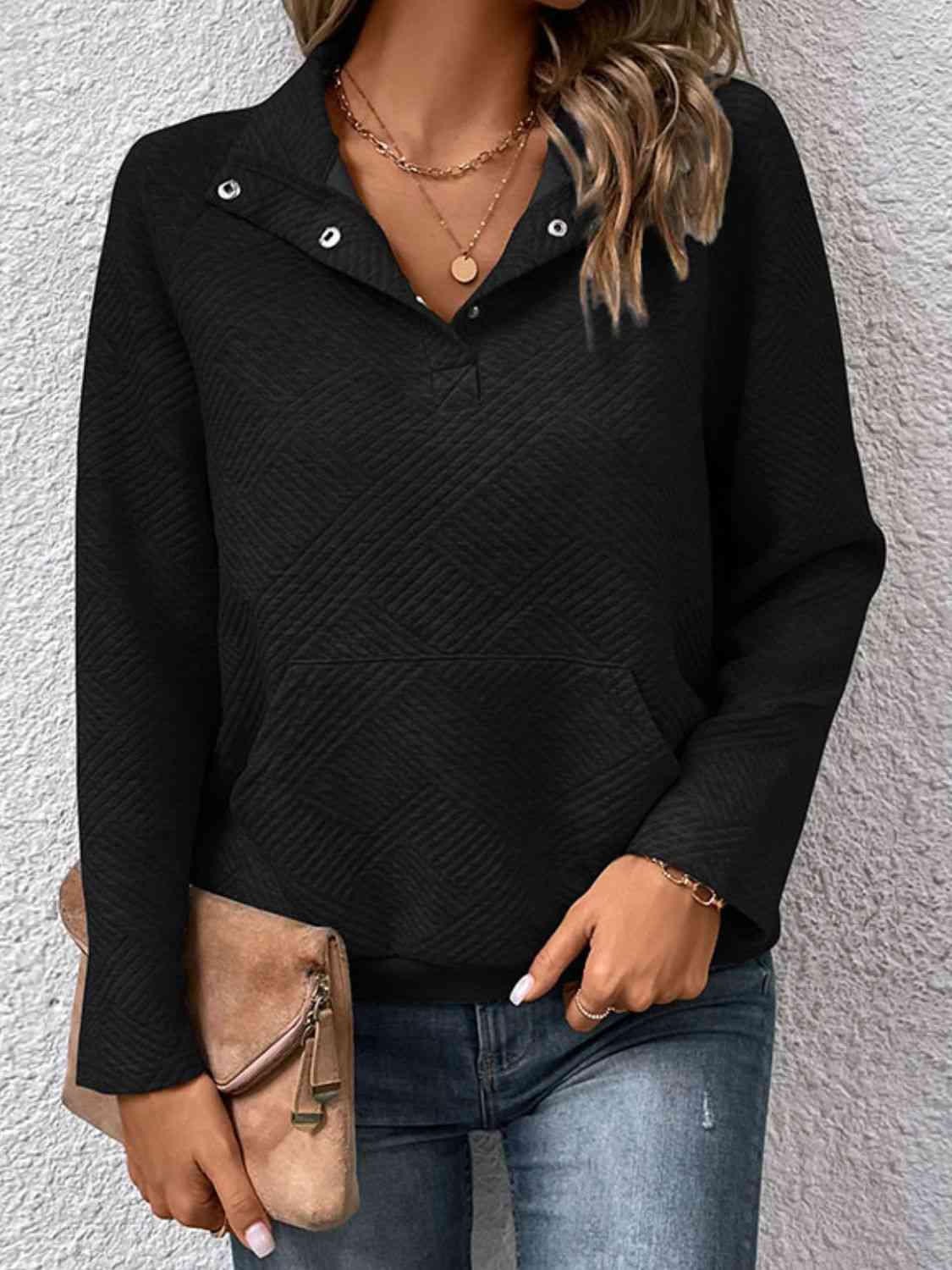 Half Buttoned Collared Neck Sweatshirt with Pocket (BFD) T - Deals DejaVu