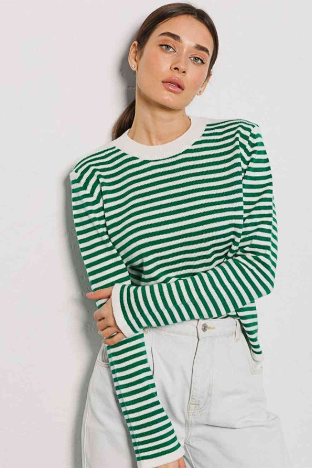 Striped Round Neck Long Sleeve Sweater - Deals DejaVu