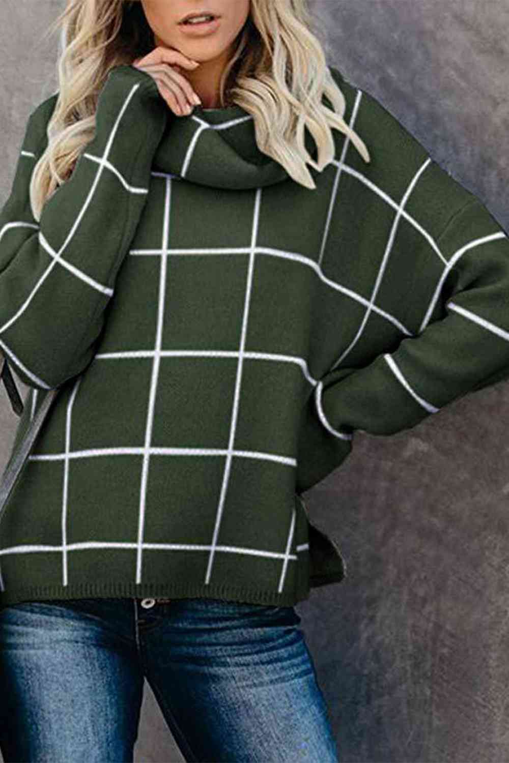 Plaid Turtleneck Drop Shoulder Sweater - Deals DejaVu