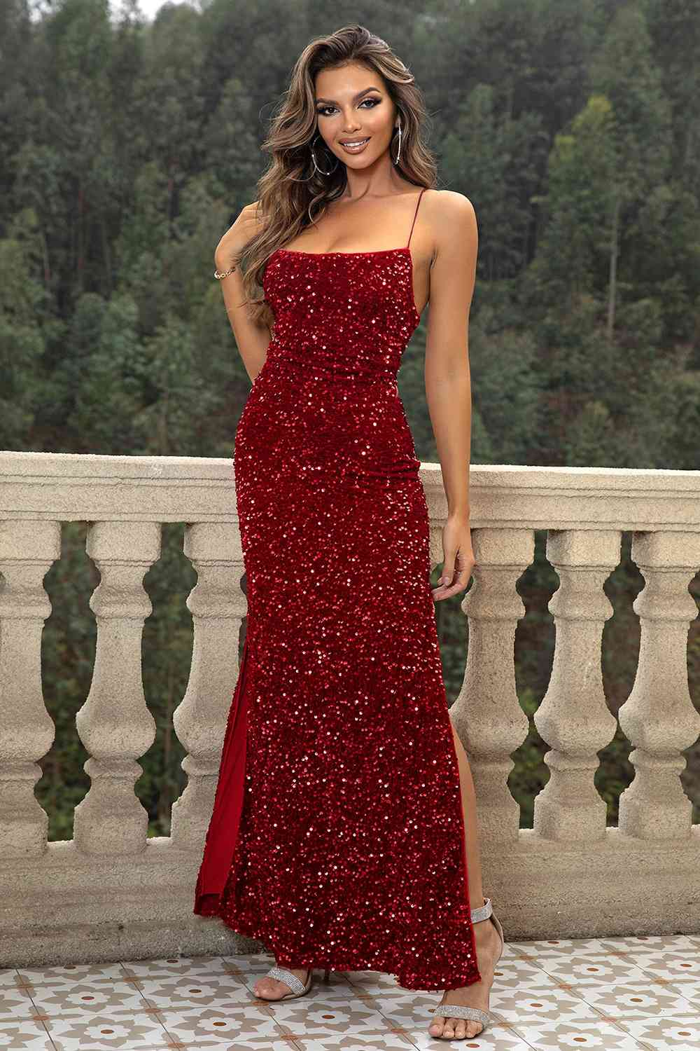 Sequin Backless Split Maxi Dress (BWM) T - Deals DejaVu