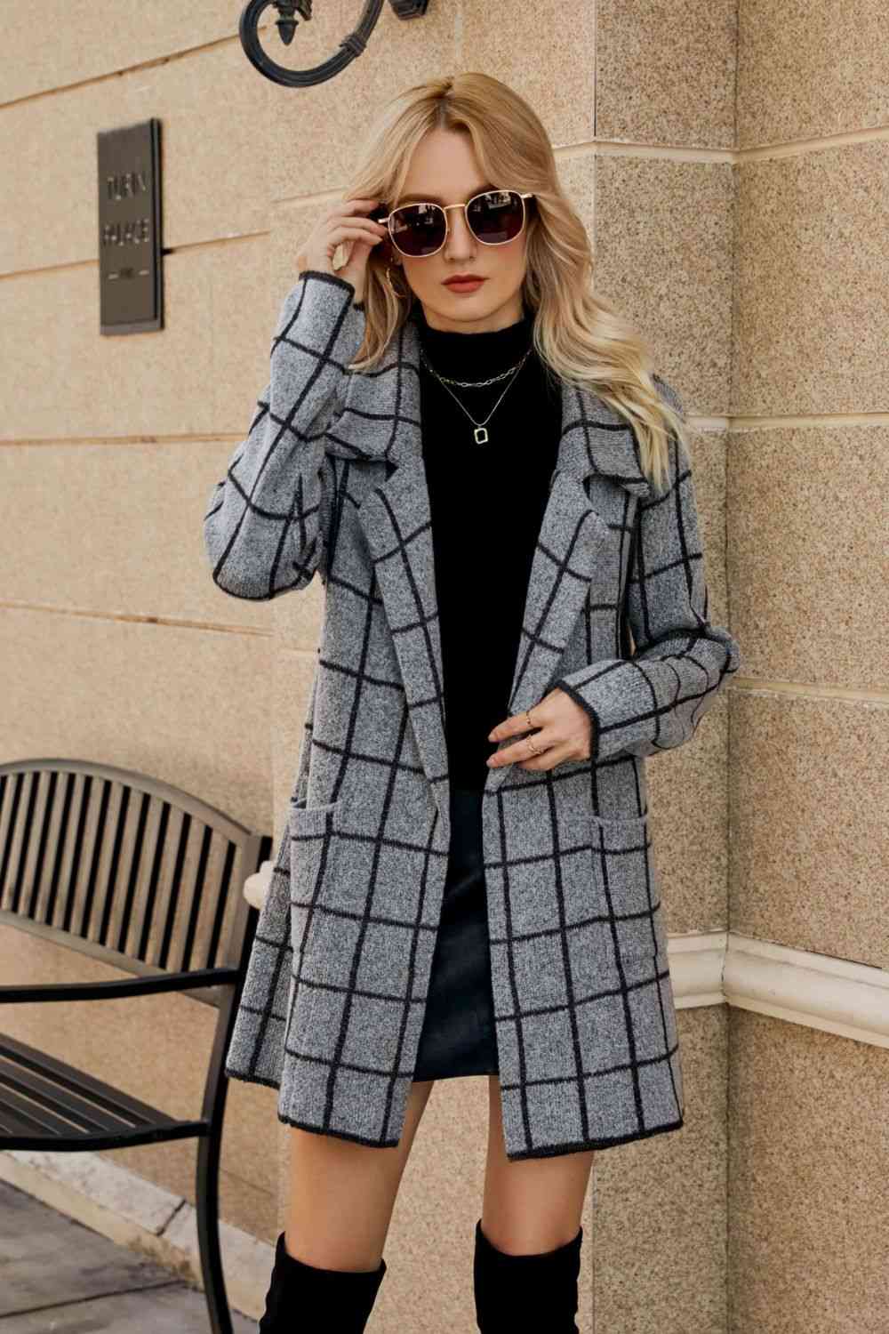 Double Take Printed Open Front Lapel Collar Cardigan with Pockets - Deals DejaVu