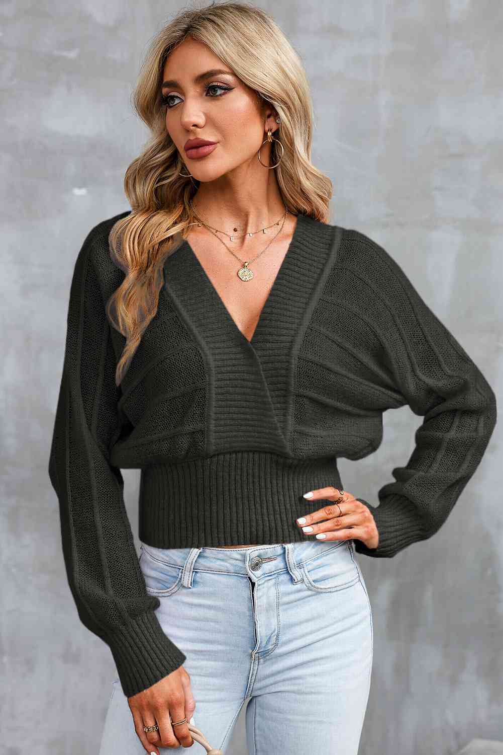 Surplice Neck Lace-Up Sweater - Deals DejaVu