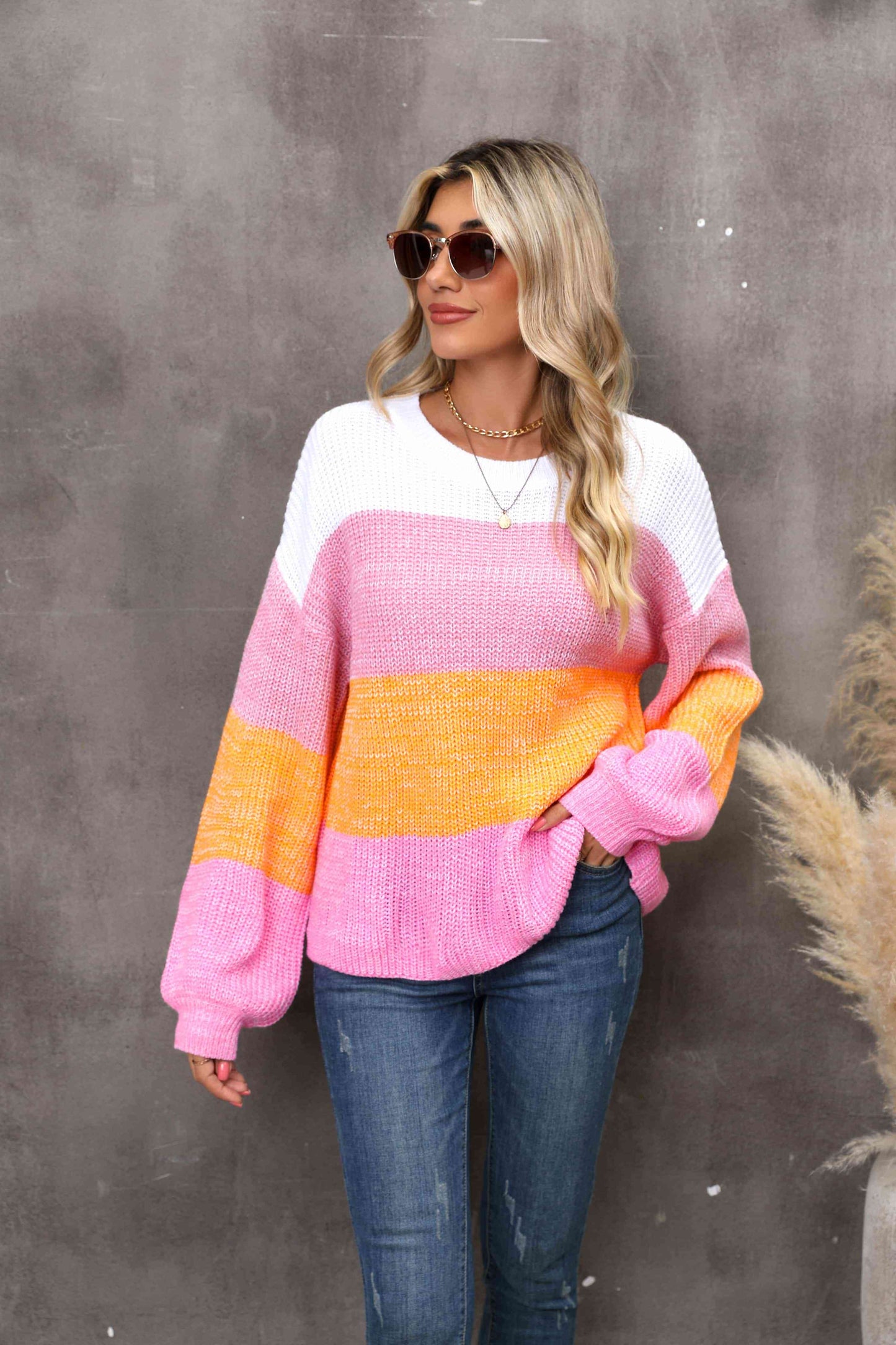 Color Block Round Neck Dropped Shoulder Sweater - Deals DejaVu