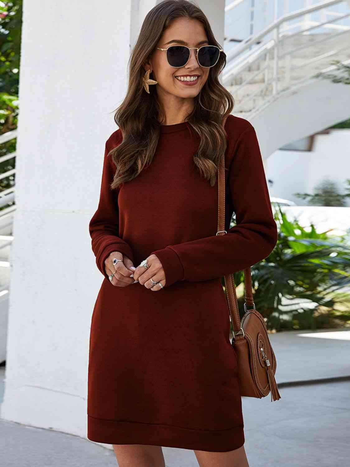 Round Neck Long Sleeve Mini Dress with Pockets (BFD) T - Deals DejaVu