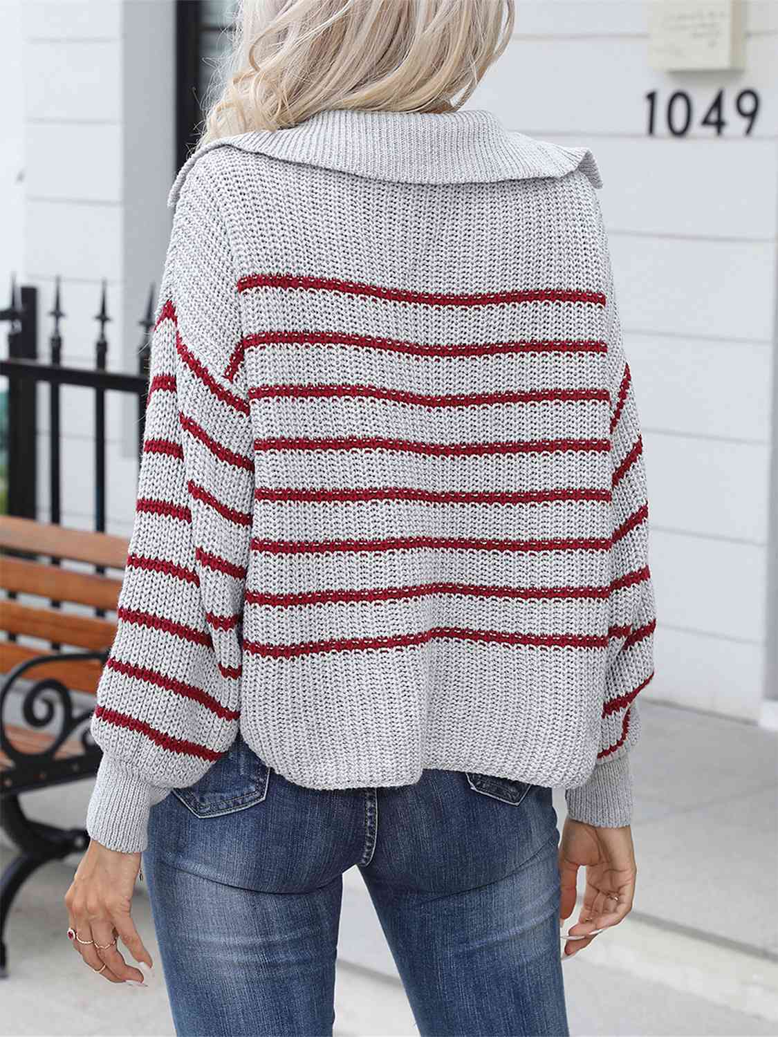 Striped Johnny Collar Rib-Knit Sweater - Deals DejaVu