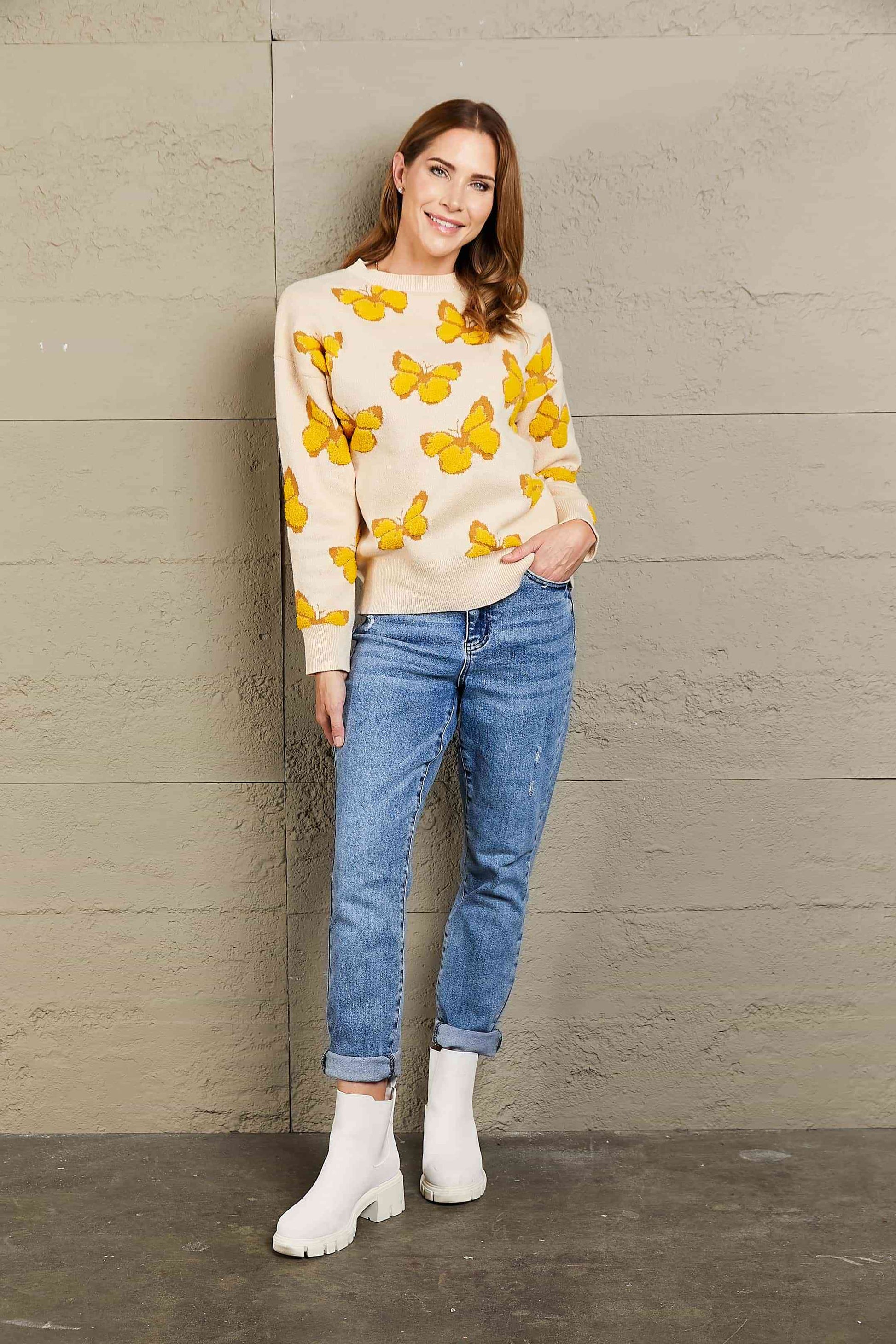 Woven Right Butterfly Dropped Shoulder Crewneck Sweater - Deals DejaVu