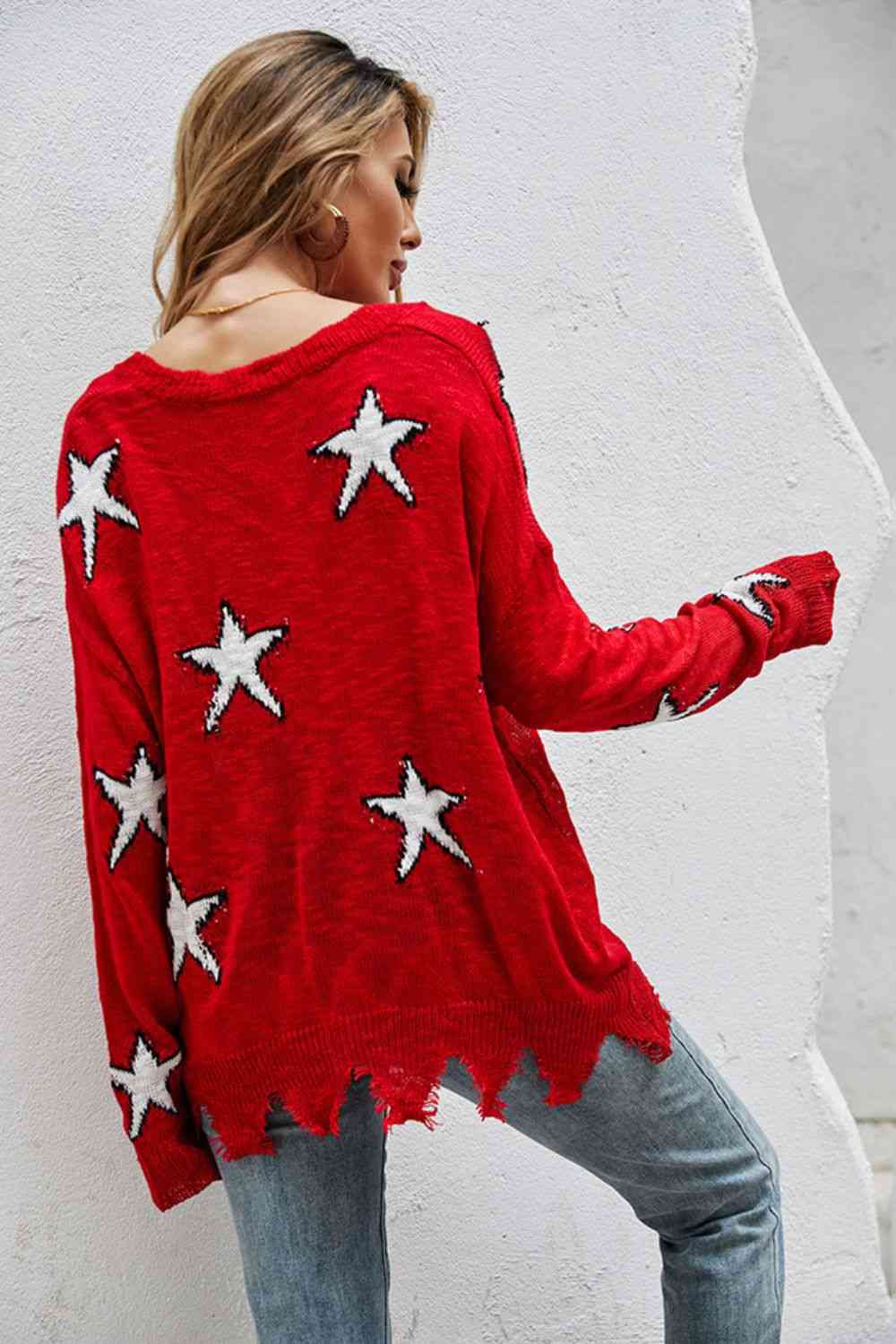 Star Pattern Distressed Sweater - Deals DejaVu