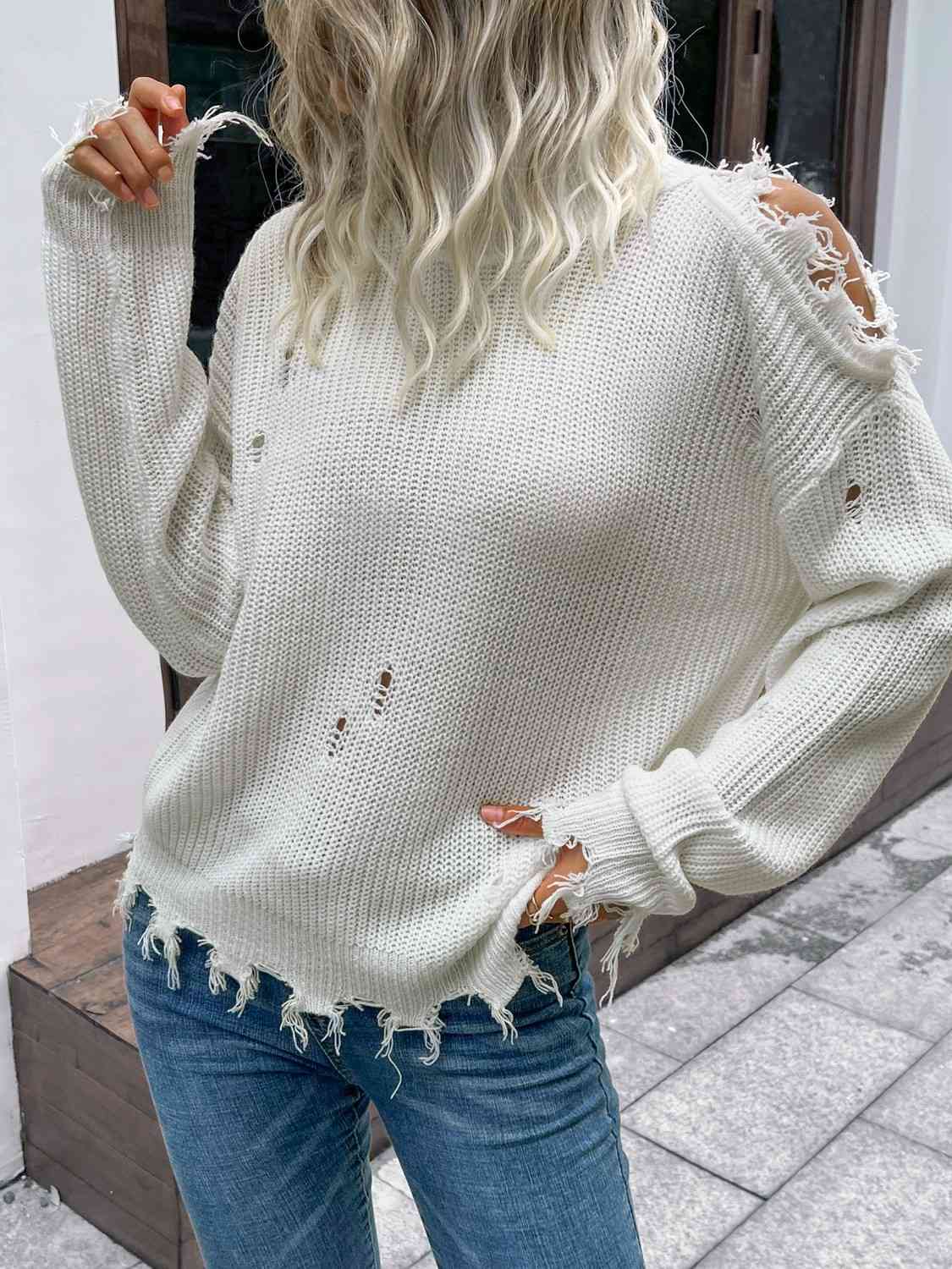 Distressed High Neck Cold-Shoulder Sweater - Deals DejaVu