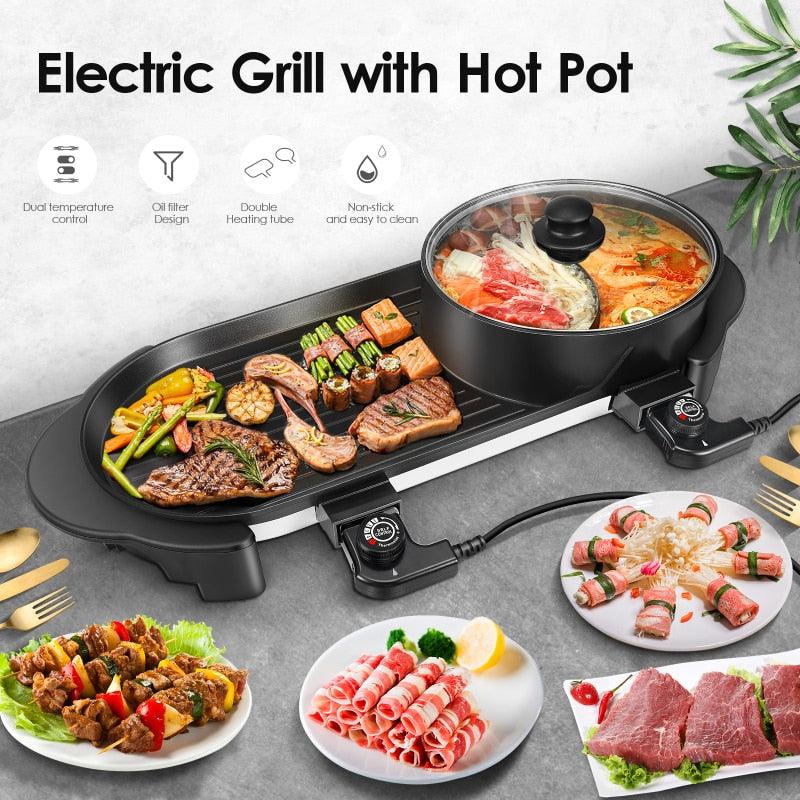 2 in 1 10V Electric Hot Pot Oven Smokeless Barbecue Machine - Home BBQ Grills Indoor Roast Meat Dish Plate Multi Cooker US plug (2H1)(F59)