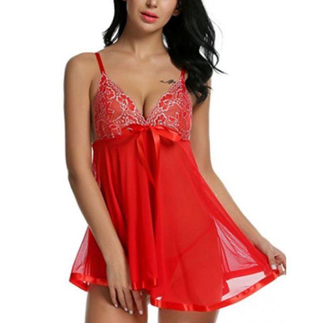 Trending Deep-V Neck Femme Costume Sexy Lace Dress Nightgown - Sleeping Sexy Sleep Lingerie (1U90)