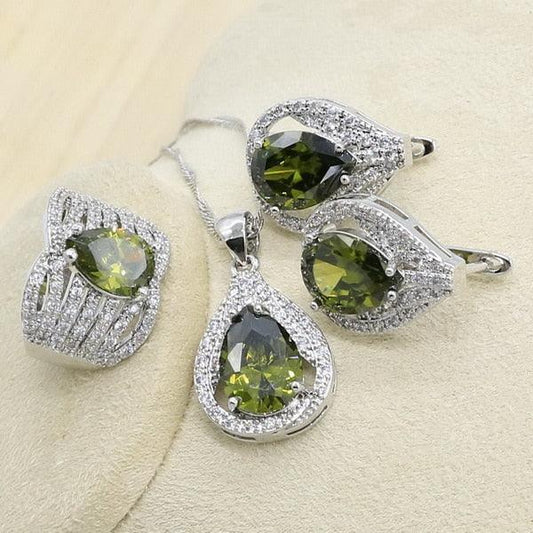 New Olive Green Zircon Silver Color Jewelry Set - Women Bracelet, Earrings, Necklace, Pendant Ring (7JW)(5JW)(2JW3)