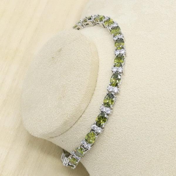 New Olive Green Zircon Silver Color Jewelry Set - Women Bracelet, Earrings, Necklace, Pendant Ring (7JW)(5JW)(2JW3)