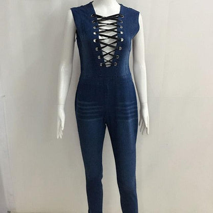 Gorgeous Sleeveless Bandage Women's Rompers - Blue Jeans Slim Jumpsuit - Sexy Hollow Overalls (TBL1)(F33)