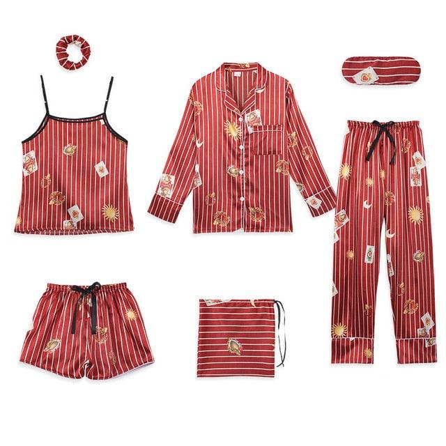 Hot Deal Women 7 Pieces Pajamas Sets - Stripe Printing Women's Sleepwear - Lovely Home Clothing (D90)(ZP1)