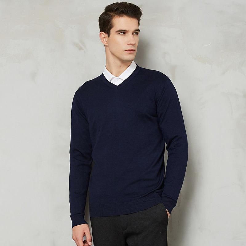 Autumn New Men's V-neck Thin Wool Sweater - Classic Style Solid Color Pullover (TM6)(T5G)(CC3)