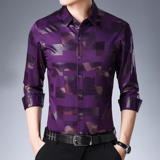 Casual Spring Luxury Plaid Long Sleeve Slim Fit Men Shirt - Streetwear Social Dress Shirts (TM1)(F8)(F10)